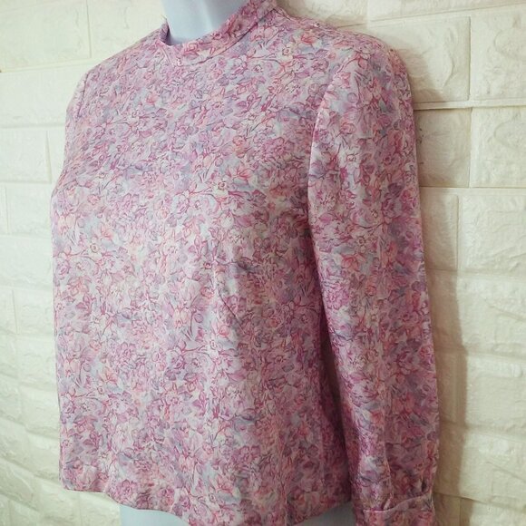 Vintage 60s Handmade Floral Blouse Top S-6 Mockneck LSL Metal Back-Zip Polyester - Picture 2 of 11
